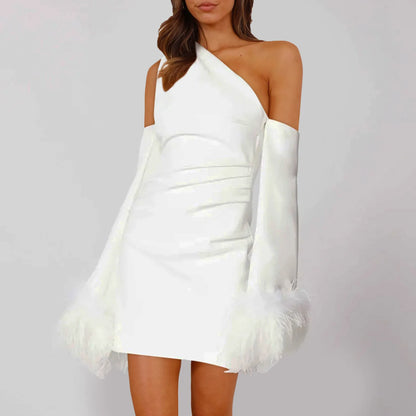 JuliaFashion - White Black One Shoulder Mini Women Sexy Backless Bodycon 2024 Spring Fashion Feathers Flare Long Sleeve Dress