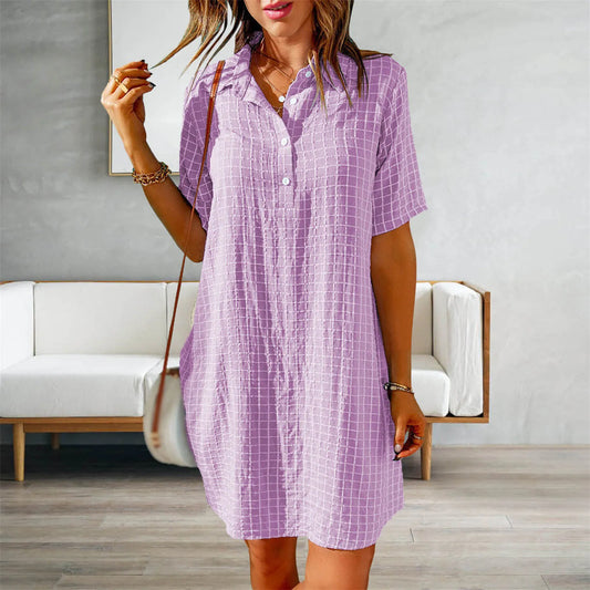 JuliaFashion - Women Button Short Sleeve Simple Shirt Casual Summer Short Turn Down Collar Solid Color Straight Midi Dress