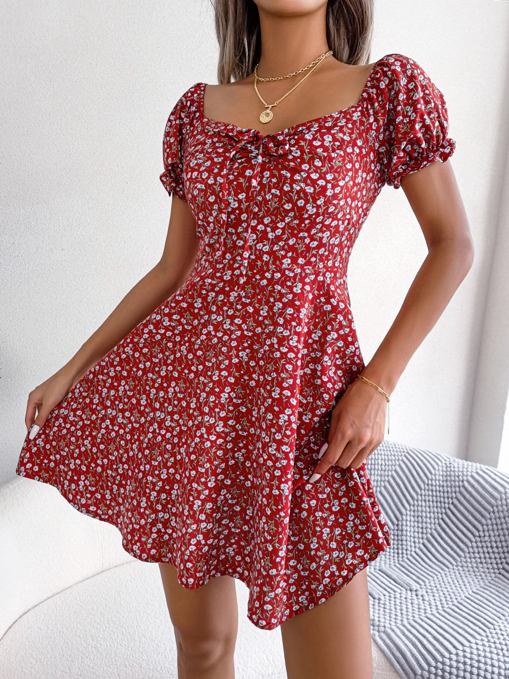 Julia Fashion - Casual Ruffles Short Sleeve Floral Print A Line Mini Dress