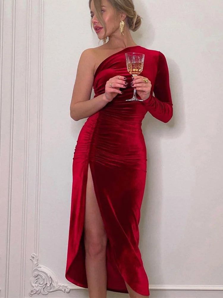Julia Fashion - Women Elegant Long Sleeve Party Evening Velvet Split Mini Dress