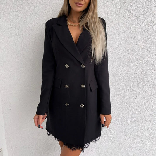 Women Fashion Double Breasted Blazers Elegant Office Lady Suit Lace Patchwork Long Sleeve Suit Coat Female Tops Dress