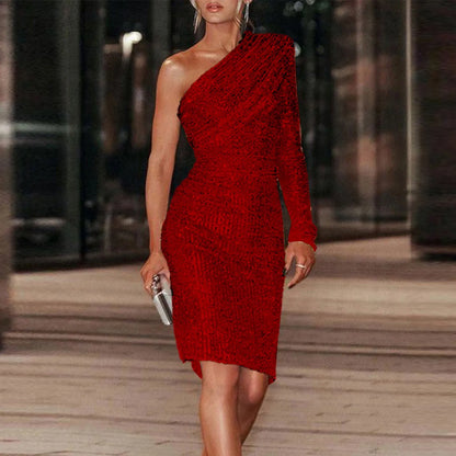 JuliaFashion - Fashion One Shoulder Sequin Ruched Elegant Party Skinny Midi Dress