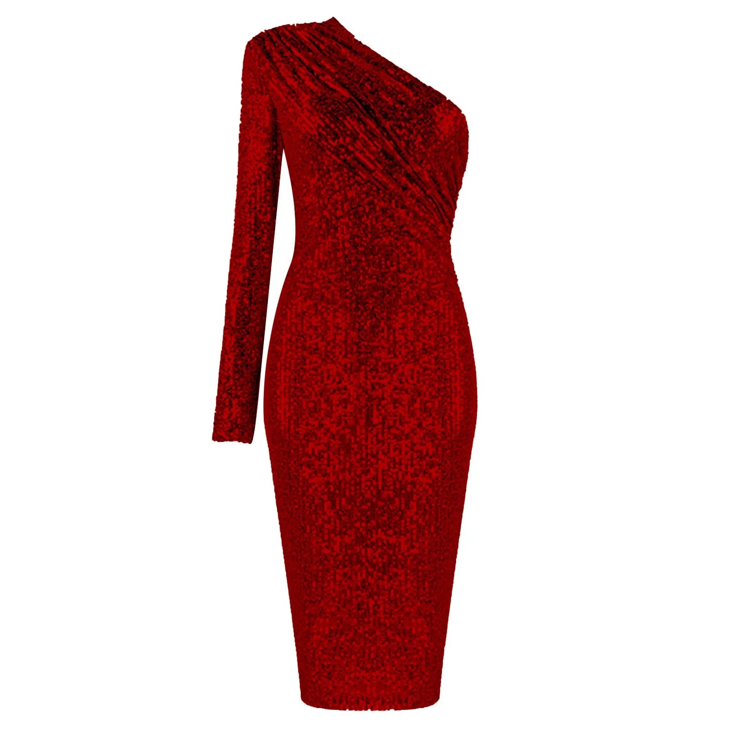 JuliaFashion - Fashion One Shoulder Sequin Ruched Elegant Party Skinny Midi Dress