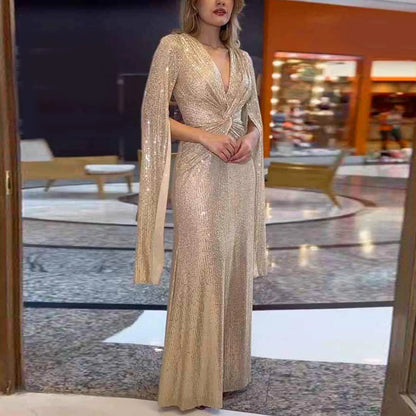 JuliaFashion - Formal Wedding Bridesmaid Sequin Slit Long Sleeve Long V Neck Beaded Evening Gown Wedding Gown Party Wear Dress