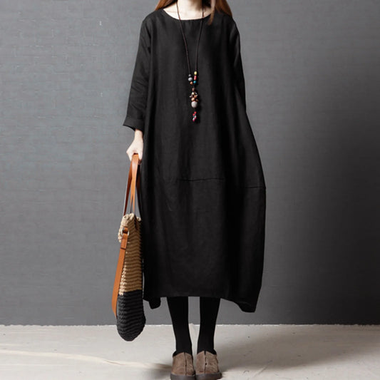 Women Long 3/4 Long Sleeve Round Neck Cotton And Linen Loose Women'S Casual Solid Color For Women 2024 Dress