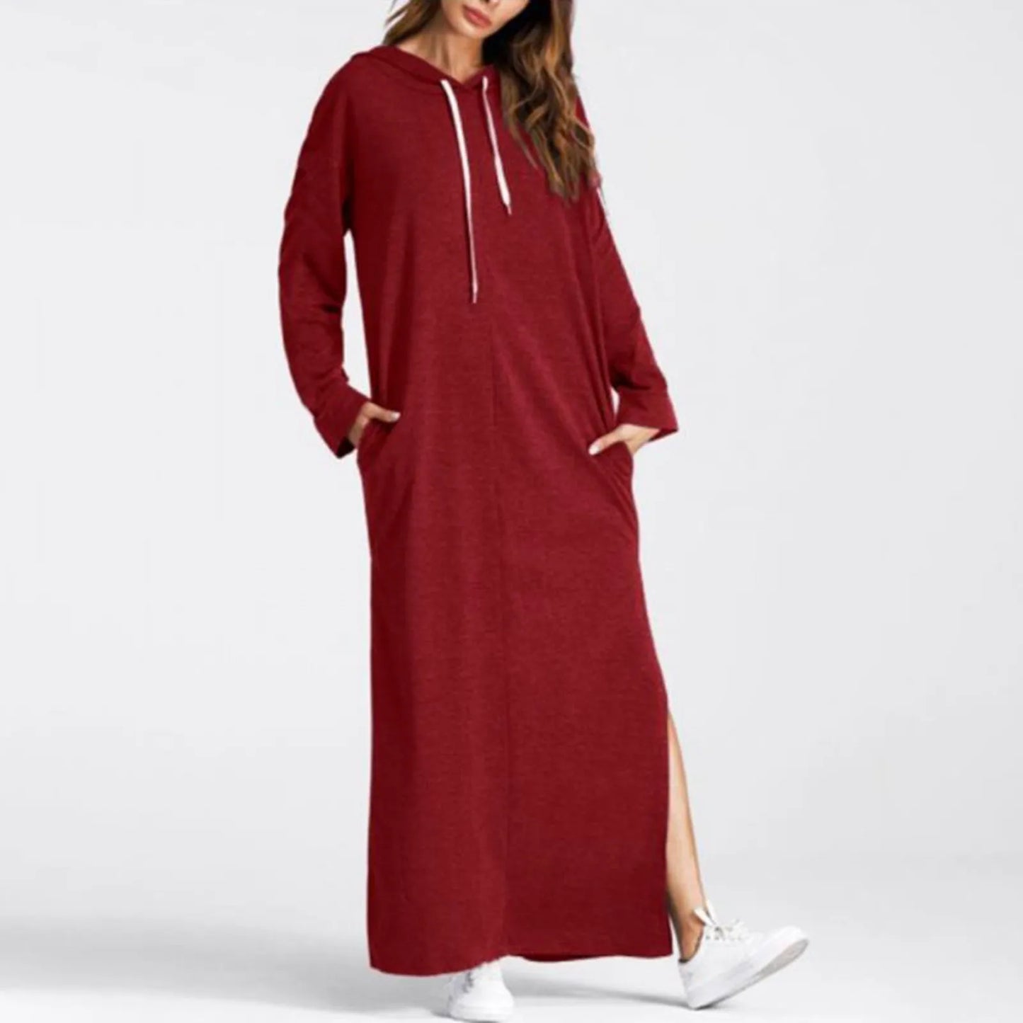 JuliaFashion - Women Maxi Casual Solid Color Drawstring Long Hooded With Pockets Autumn Long Sleeve Hoodies Sweatshirt Dress