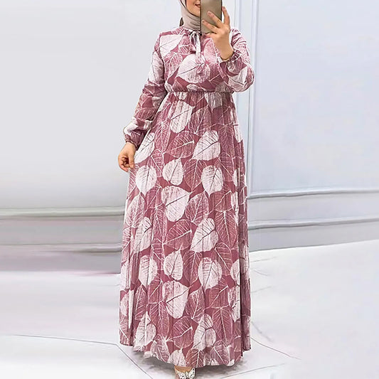 Women Middle East Dubai Robe Casual Muslim Printed Elegant Long Sleeves Maxi Vestidos Female Marocain Turkish Robe Femme Dress