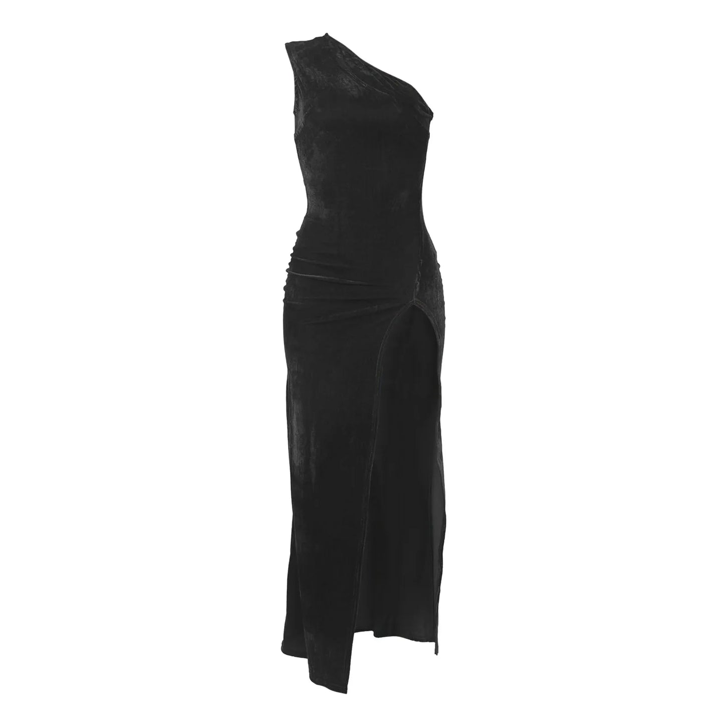 JuliaFashion - Women's One Shoulder Sleeveless Velvet Elegant Evening Party Gowns 2024 Sexy Slim High Split Maxi Dress