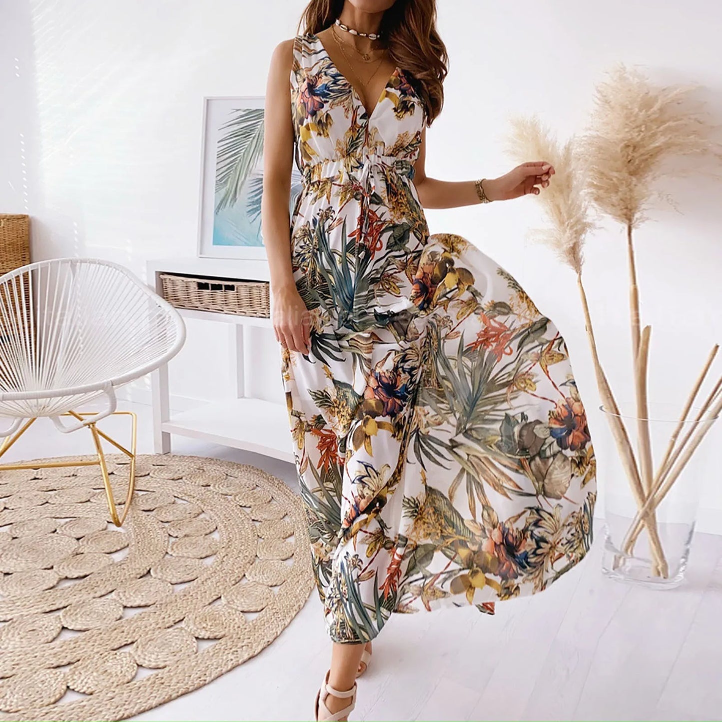 JuliaFashion - Summer Long Beach Floral Print SunFashion New Floral Print Halter Strap Banquet Wedding Maxi Dress