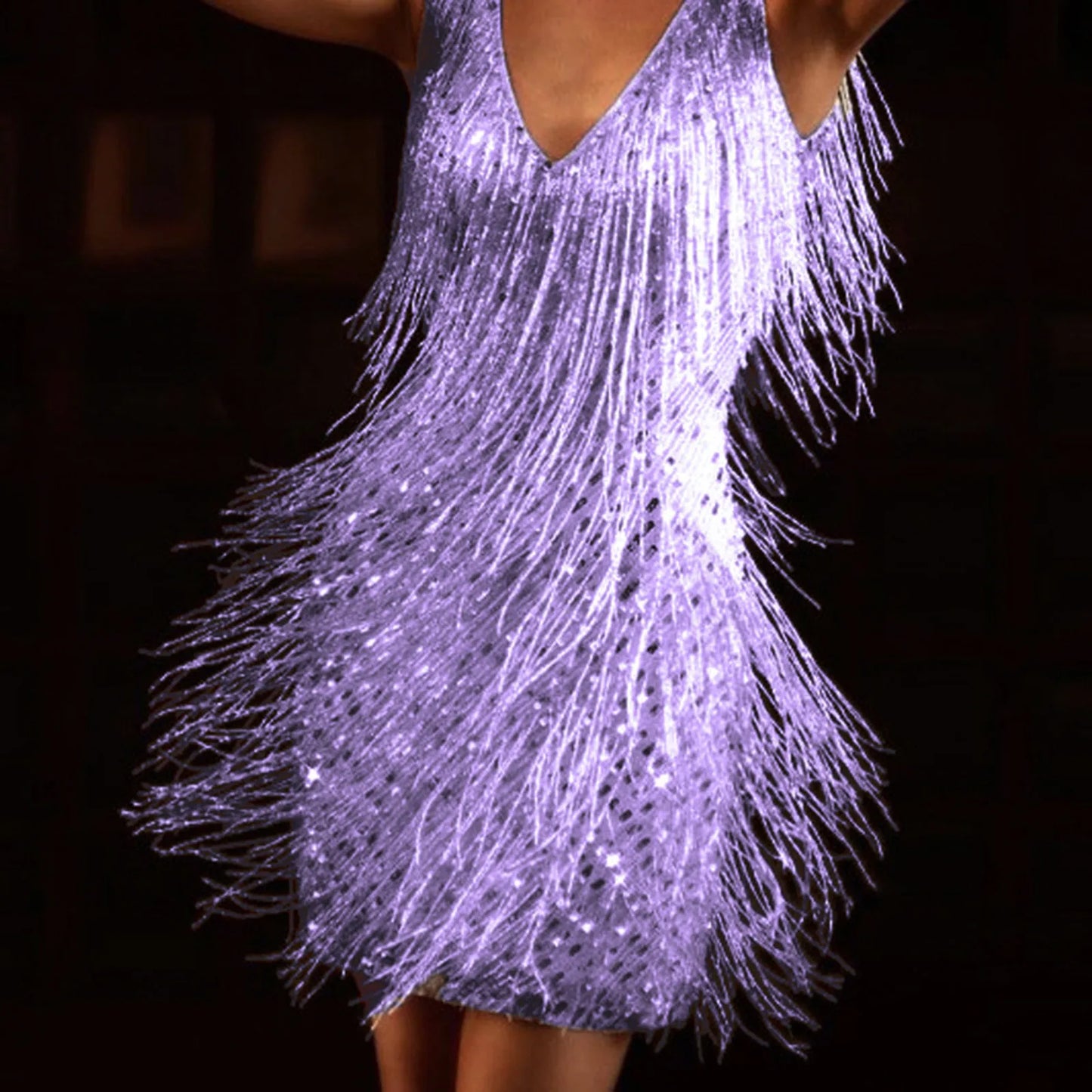 JuliaFashion - Women Sexy Tassel Sleeveless V Neck Backless Club Night Prom Ballroom Samba Fringe Dance Flapper Pencil MINI Dress