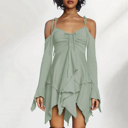JuliaFashion - Spaghetti Strap Off Shoulder Long Sleeved Solid Color Double Layer Ruffle Irregular Hem Summer 2024 Dress
