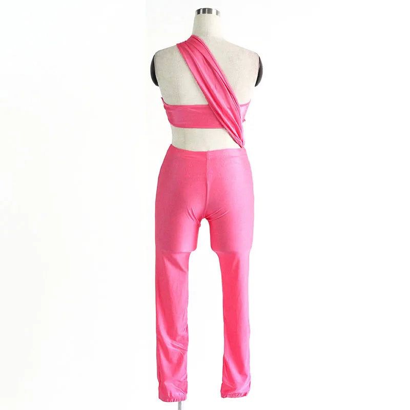 JuliaFashion - Pink One Shoulder Sexy Hollow Out Bandage Jumpsuits