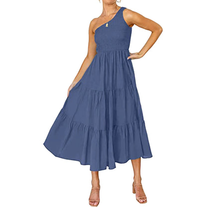 JuliaFashion - Summer Sexy One Shoulder Casual Sleeveless Solid Boho Ruffle Beach Ladies Fashion Loose Tiered Midi Dress