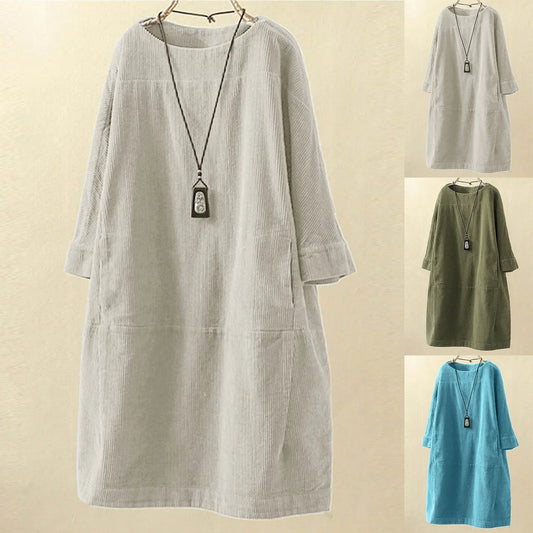 Women Vintage Loose Pockets Corduroy Solid Color Long Sleeve Round Neck Casual T Shirts Women Summer Autumn Clothes Dress