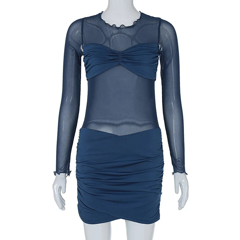 Julia Fashion - Mesh Splicing Perspective Slim Long Sleeve Hip Fold Maxi Elegant Women's Mini Dress