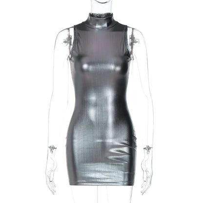 Julia Fashion - Semi-high-neck Sleeveless Zip Sexy Bodycon Mini Dress