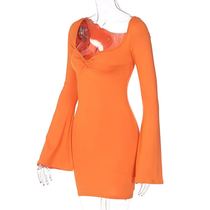Julia Fashion - Solid Color Trumpet Sleeve Bag Buttock Casual Women's Mini Dress