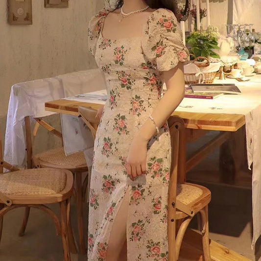 Julia Fashion - Classic Printed Bubble Sleeves Flower Mini Dress
