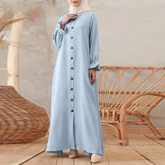 JuliaFashion - Women's Clothing 2024 Long Sleeve Muslim Robe Women Islamic Clothing Abaya Shirt Buttoned Dubai Turkish Femme Hijab Arabic Wear Dress