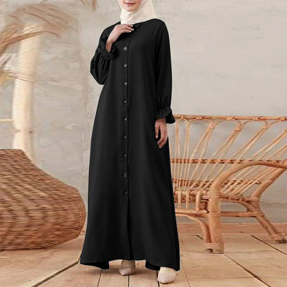 JuliaFashion - Women's Clothing 2024 Long Sleeve Muslim Robe Women Islamic Clothing Abaya Shirt Buttoned Dubai Turkish Femme Hijab Arabic Wear Dress