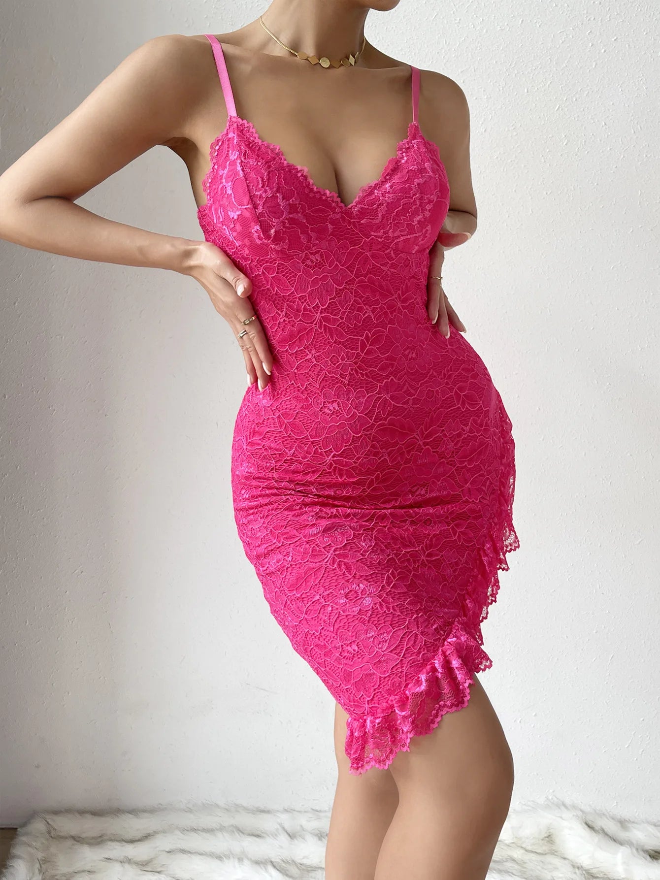 Julia Fashion - Lace Bag Hip Strap Irregular Sexy Mature Mini Dress