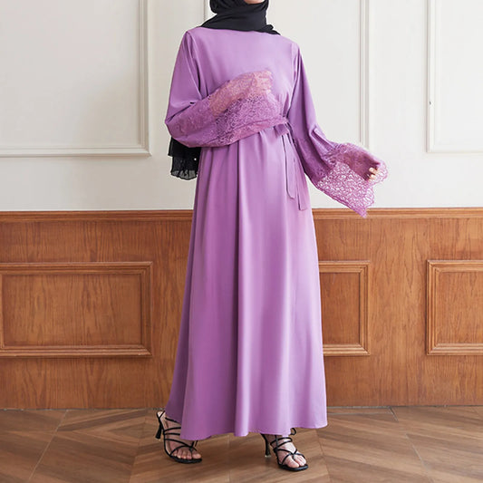 JuliaFashion - Women's Muslim Long Sleeve Vintage Pullover Abaya Prayer Clothes Sunday For Women Lace Solid Ramadan Robes Moroccan Dress