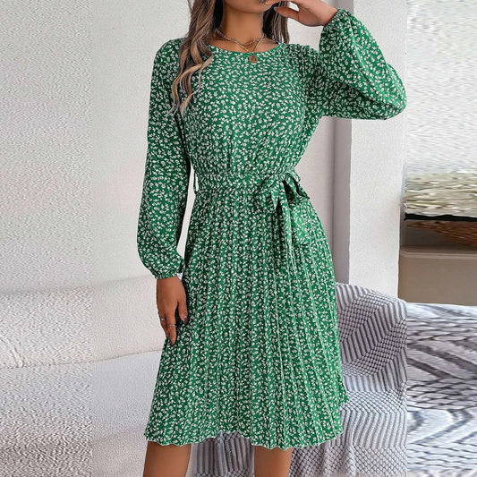 JuliaFashion - Women's Retro Floral Print Pleated Casual Long Sleeved Wide Hem Midi Elegant Round Neck Lace Up Casual Dress