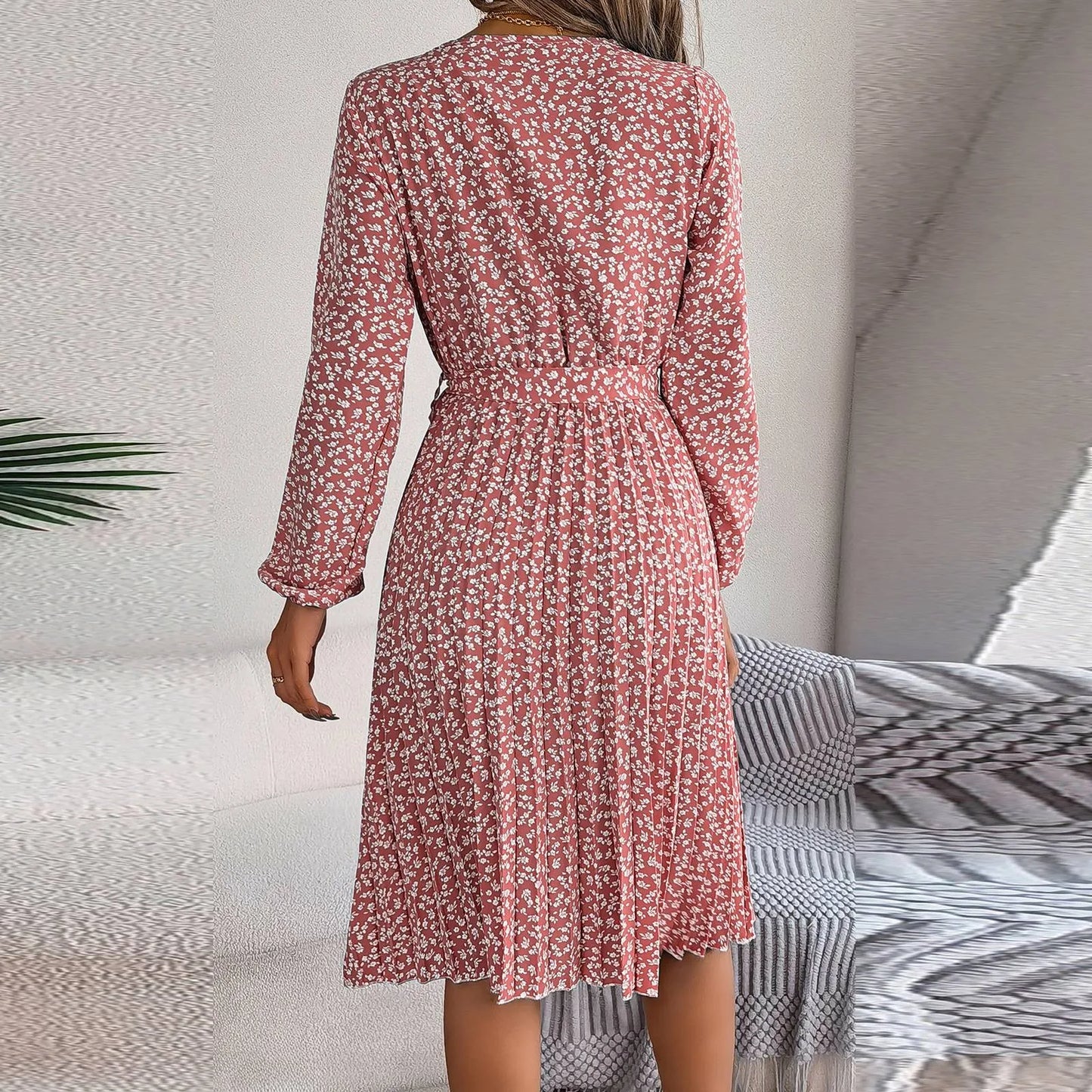 JuliaFashion - Women's Retro Floral Print Pleated Casual Long Sleeved Wide Hem Midi Elegant Round Neck Lace Up Casual Dress