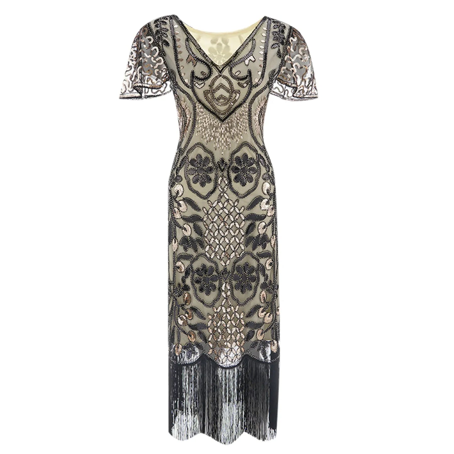 JuliaFashion - Women's Sequin Beaded Flapper 20s Great Gatsby Fringed Sequin Lady V-Neck Petal Sleeve Embroidery Midi Dress