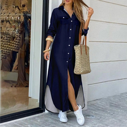 Women's Solid Long Maxi Shirt Fashion Lapel Buttons Casual Slit Spring Summer Streetwear Office Lady Long Dress