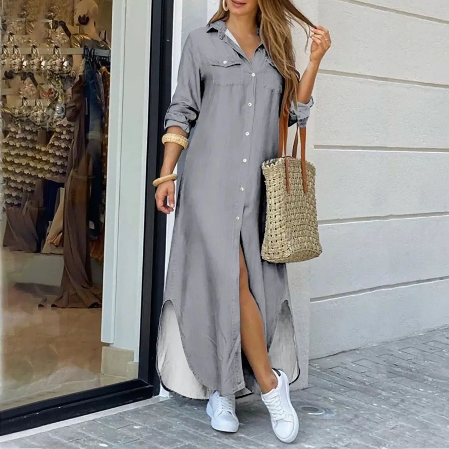 JuliaFashion - Women's Solid Long Maxi Shirt Fashion Lapel Buttons Casual Slit Spring Summer Streetwear Office Lady Long Dress