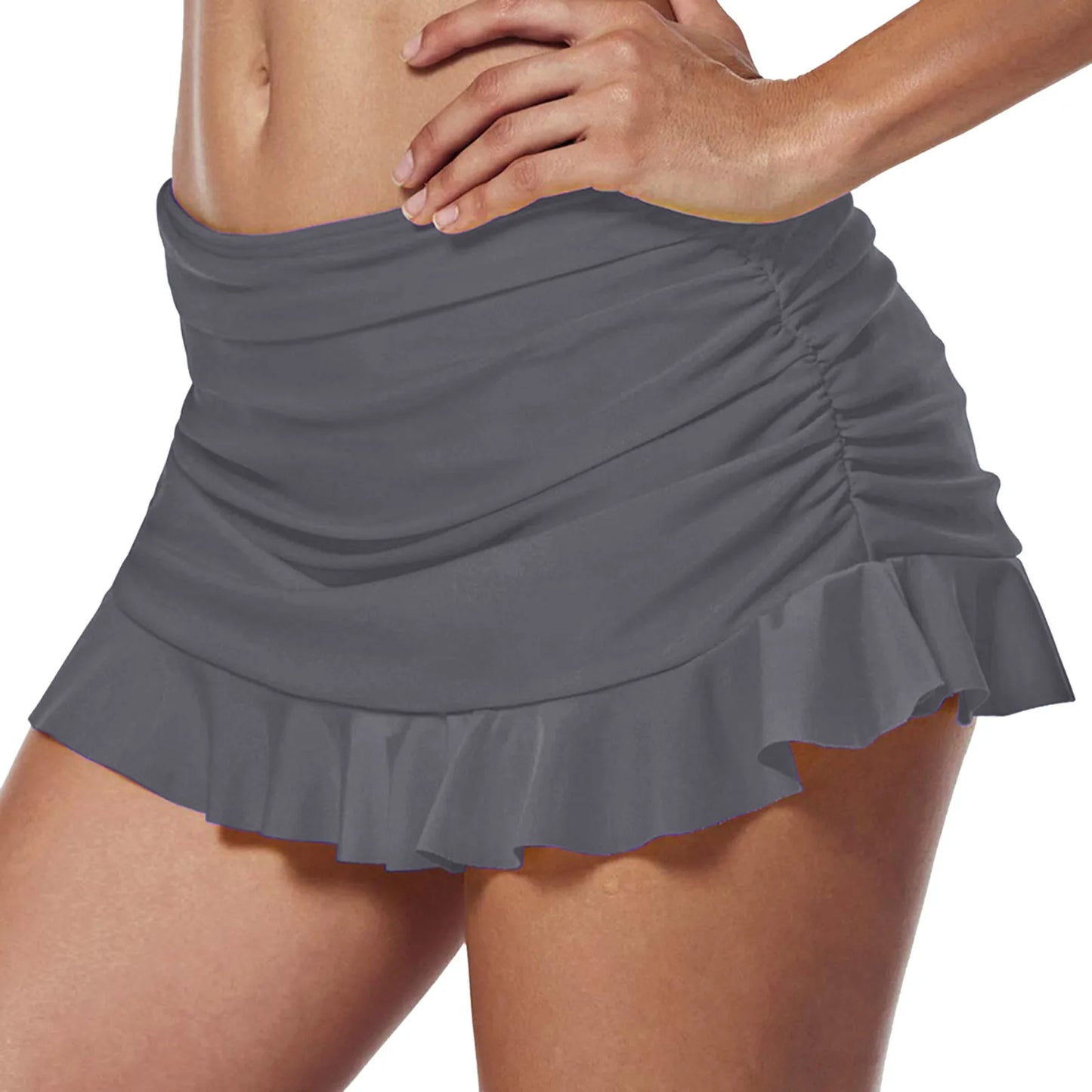 JuliaFashion - Swim Skirt High Waisted Ruched Bikini Bottom Sports Yoga Shorts Pure Color Swimbottom Skirt Dress