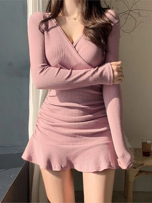 Julia Fashion - Europe and America V-Neck Hip Skirt Mini Dress