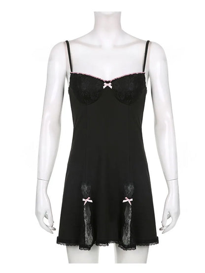 Julia Fashion - Retro Lace Patchwork Strap Bow Black Aesthetic Club Party Mini Dress