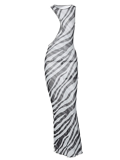 Julia Fashion - Zebra Print Long Beach Cover-up Transparent Striped Mini Dress