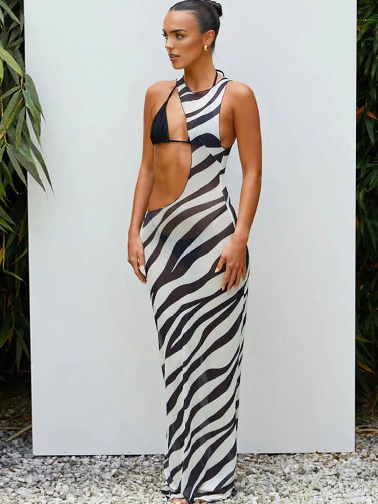 Julia Fashion - Zebra Print Long Beach Cover-up Transparent Striped Mini Dress