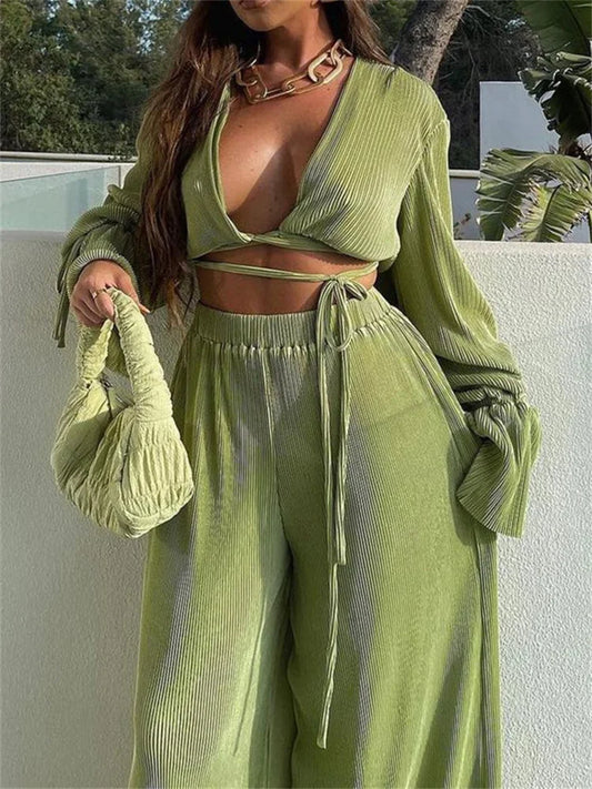 Sexy Ruched Bandage Blouses Tie-up Shirts Wide Leg Pants Suits