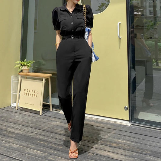 JuliaFashion - Elegant Korean Style Summer Short Sleeve Women's Black Jumpsuits