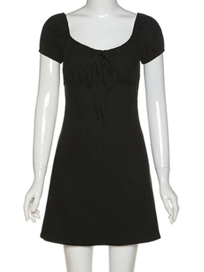 Julia Fashion - Puff-sleeve Sexy Low Collar Slim Black Elegant Party Club Mini Dress
