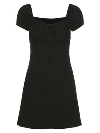Julia Fashion - Puff-sleeve Sexy Low Collar Slim Black Elegant Party Club Mini Dress