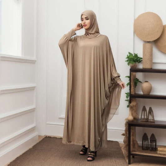 JuliaFashion - Women Solid Color Headgear Bat Cardigan Robes Ramadan Muslim Muslim Clothes Long Sleeve Cardigan Maxi Dress