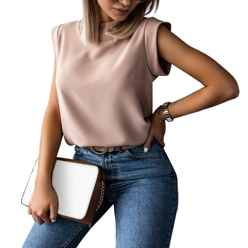JuliaFashion - 2024 Women Casual Summer Solid Color Stand Collar Short Sleeve Slim Blouse Clothing