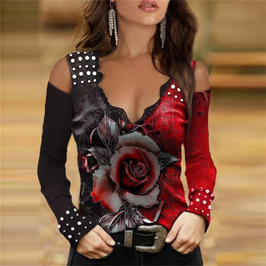 JuliaFashion - 2024 Women Sexy V-Neck Off Shoulder Shirts Tops Rose Printed Clothing