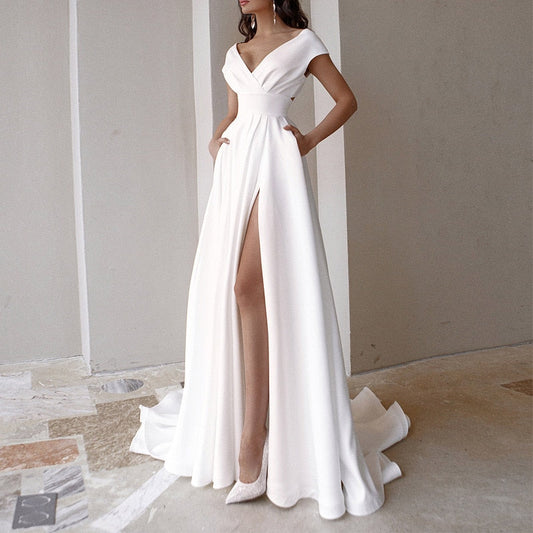JuliaFashion - 2024 Solid Color Evening V-neck Sexy White Long Dress
