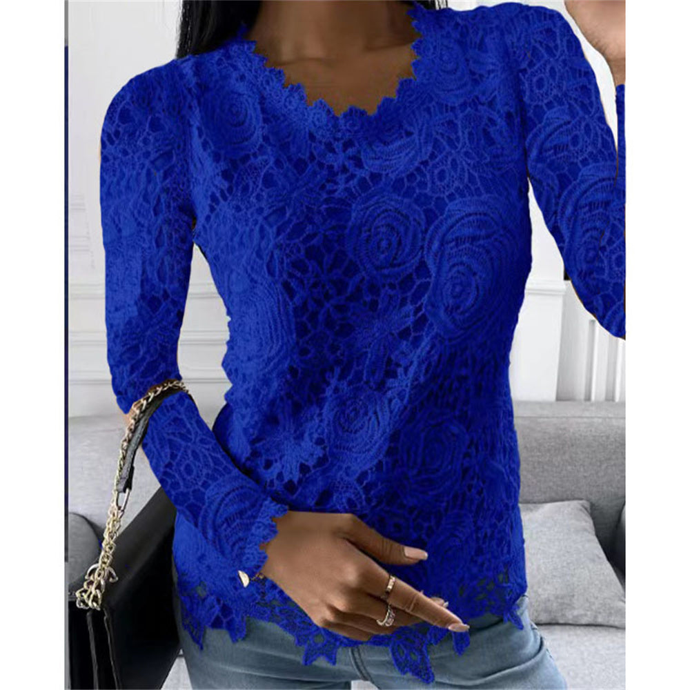 JuliaFashion - 2024 Women Long Sleeve Lace Patchwork Sexy V-Neck Solid Color Shirt