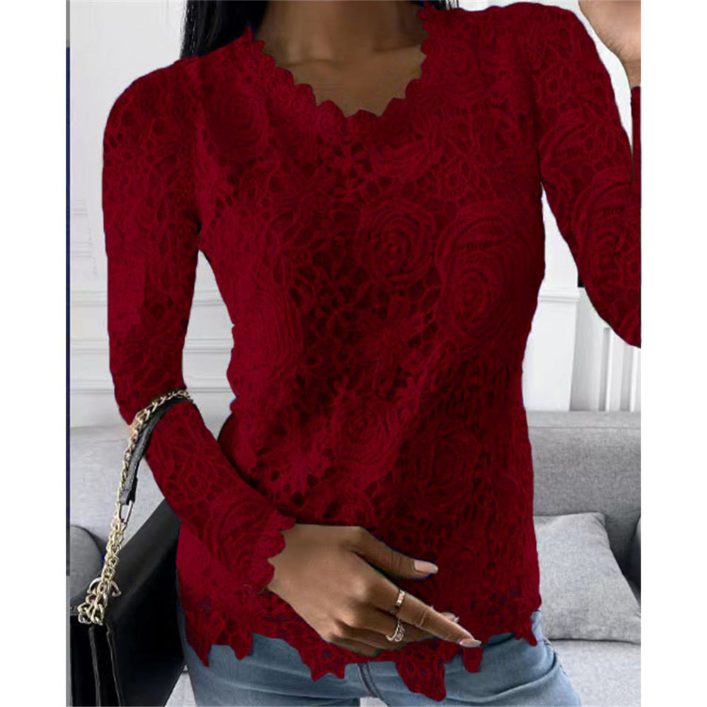 JuliaFashion - 2024 Women Long Sleeve Lace Patchwork Sexy V-Neck Solid Color Shirt