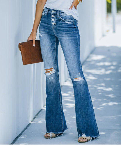 JuliaFashion-Fashion High Waist Slim Jeans Flared Street Wide Leg Pants