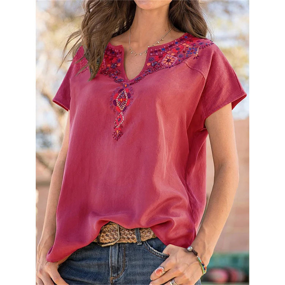 JuliaFashion - 2024 Women's Loose Western Ethnic Style V-Neck Short-Sleeve T-shirt