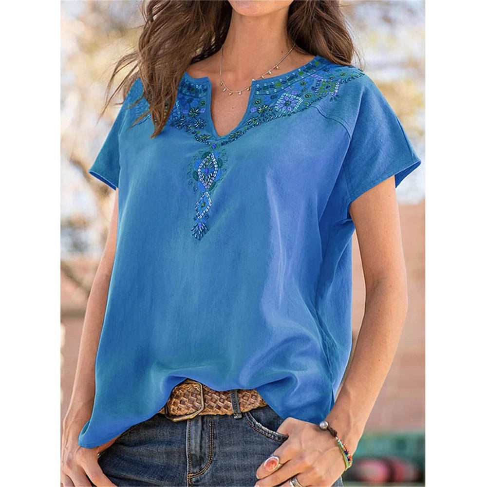 JuliaFashion - 2024 Women's Loose Western Ethnic Style V-Neck Short-Sleeve T-shirt