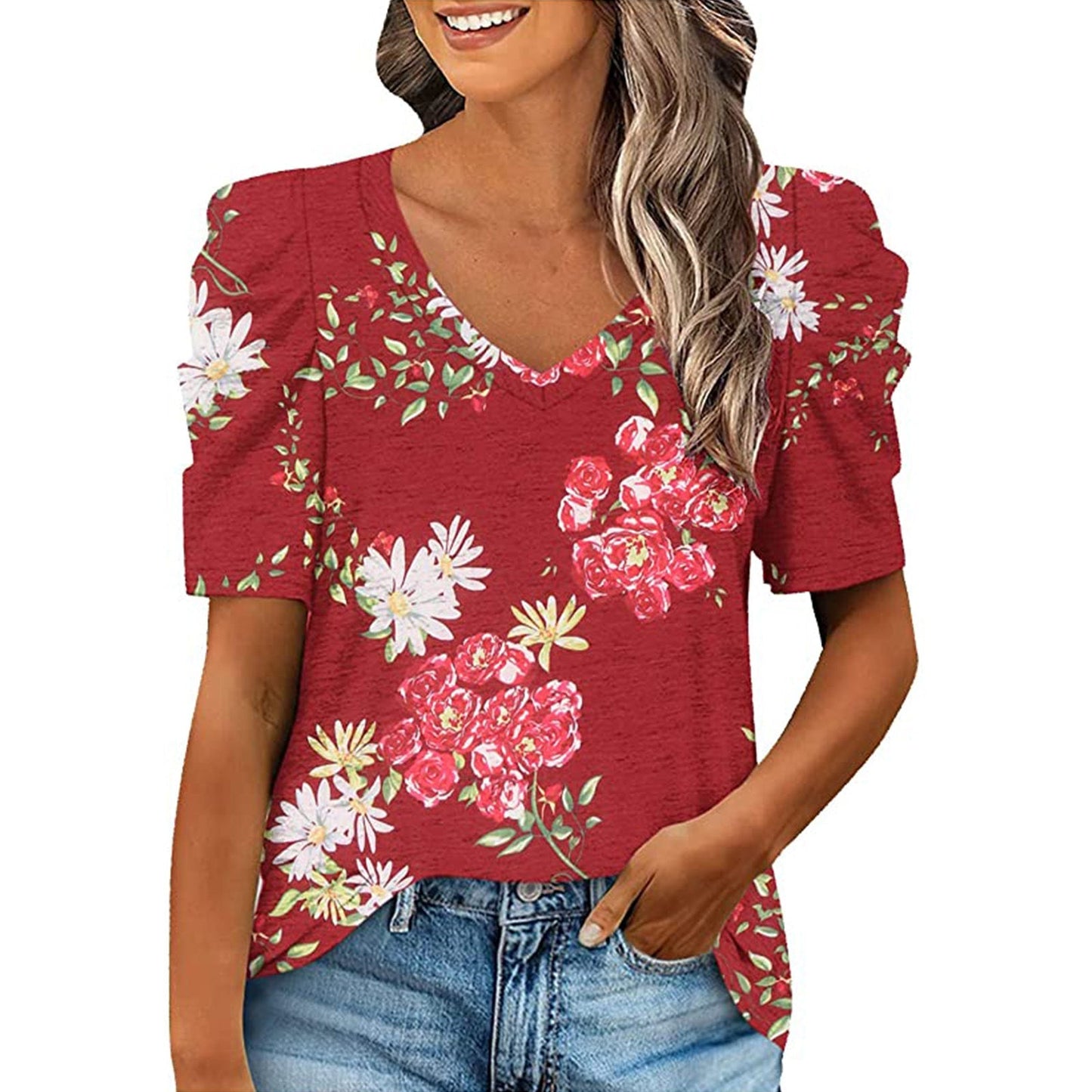 JuliaFashion - 2024 Women's Smocked Stitching V-neck Short-sleeved Printed T-shirt tops
